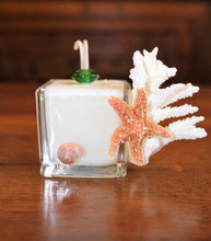 Sold - Natural Coral & Starfish Design, Coconut Soy Square Votive Candle, Cucumber Mint Scent