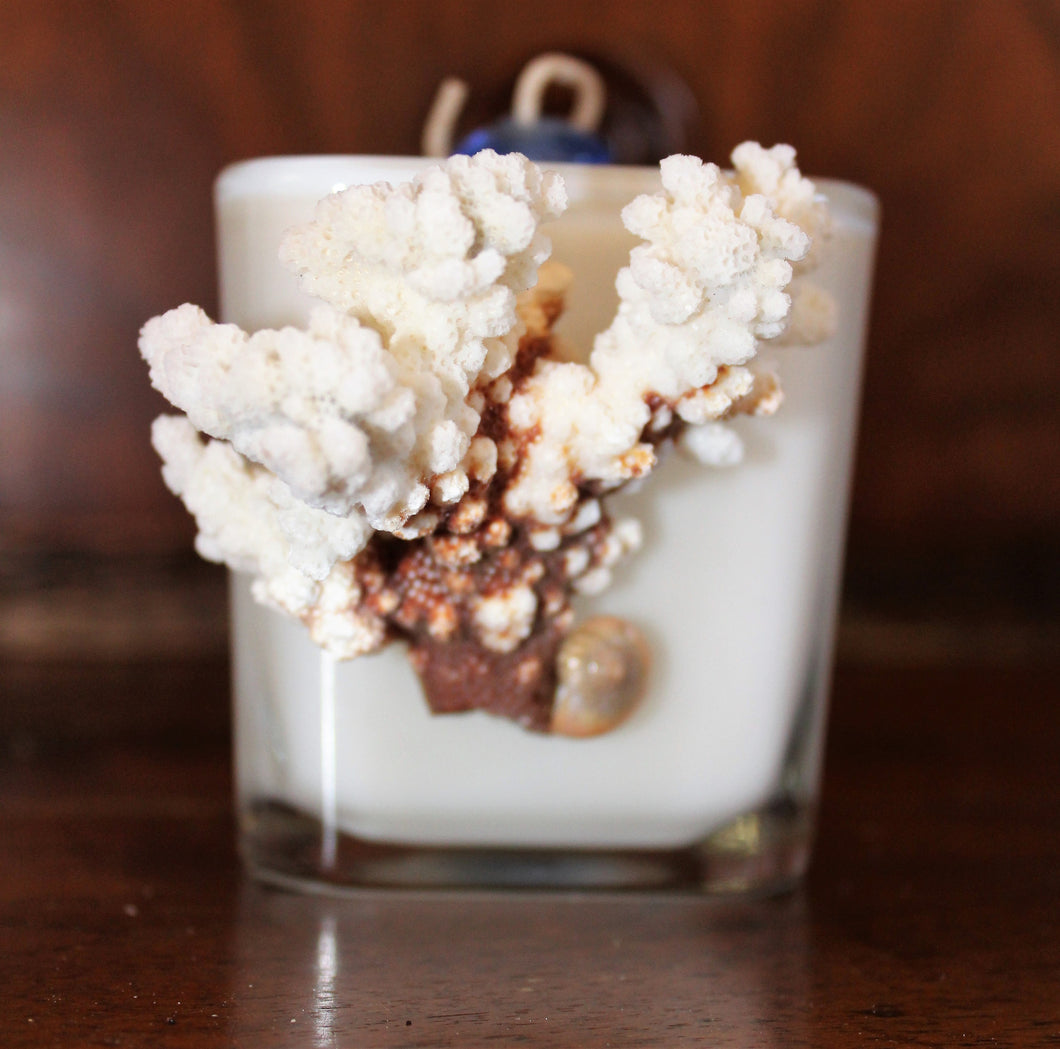 Sold - Natural Coral Design, Coconut Soy Square Candle, Pear Pomegranate Scent