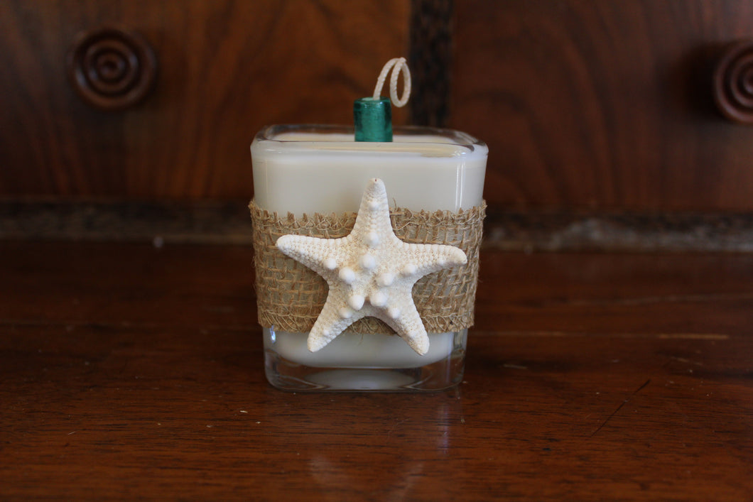 Nautical Burlap & White Starfish Design ~ Coconut Soy Wax Square Candle