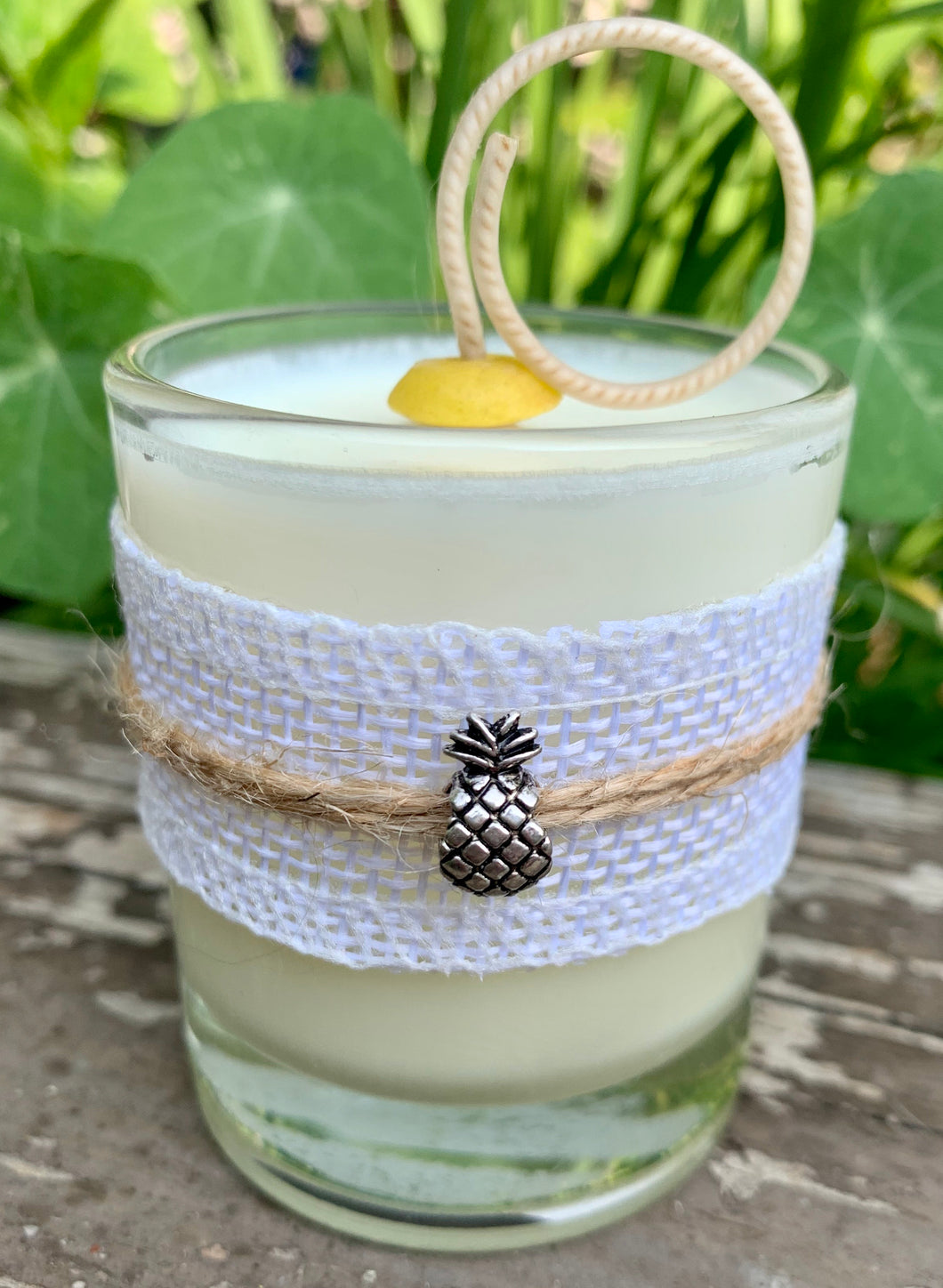 Pineapple Charm White Burlap ~ Coconut Soy Wax Votive Round Candle