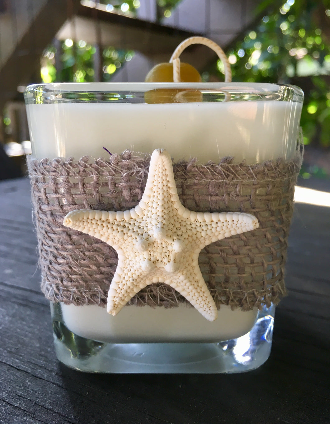Gray Burlap & White Starfish Design ~ Coconut Soy Wax Square Candle